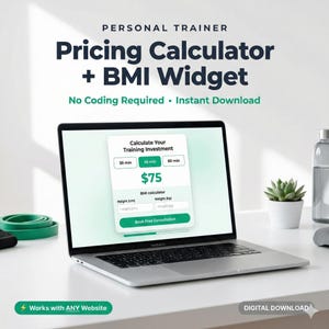 Puede incluir: Un ordenador portátil muestra una interfaz de "Calculadora de precios + Widget IMC". La pantalla muestra una calculadora con opciones de inversión en formación, incluido un precio de 75 $. También se ve el texto "No se requiere codificación • Descarga instantánea".