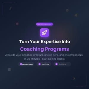 Puede incluir: Gráfico digital con fondo azul oscuro. El texto dice "Turn Your Expertise Into Coaching Programs". La imagen promueve la creación de programas de coaching impulsada por IA, incluyendo programas de firma, precios inteligentes e inscripción de clientes.