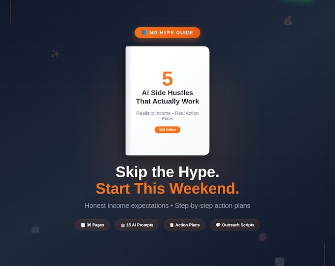 Featured listing image: AI Side Hustle Guide | Realistic Income Ideas, Action Plans (PDF)
