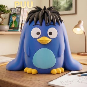Peut inclure: Une figurine en forme de pingouin bleu avec un ventre bleu clair, un bec jaune et des pieds jaunes. La figurine a des cheveux noirs en pointe et de grands yeux blancs avec des pupilles noires. Le texte PUU est affiché en jaune au-dessus.