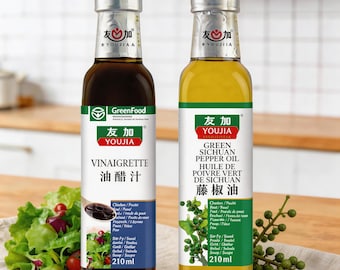 Set de condimentos chinos Youjia, 2 botellas de vidrio de 210 ml, vinagreta, aceite de pimienta verde de Sichuan.