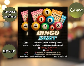 Bingo Night Flyer Template: Family Game Fundraiser (Canva Editable, Digital Download)