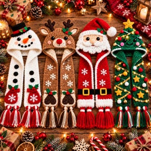 May include: Four crocheted hooded scarves featuring holiday designs: a white snowman with a black hat, a brown reindeer with antlers, a red Santa Claus with a white beard, and a green Christmas tree with colorful ornaments and stars.
