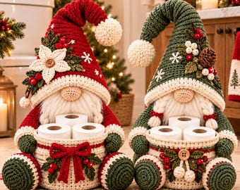 Christmas Gnome Toilet Paper Holder Crochet Pattern, Toilet Roll Cover, Bathroom Decor, Amigurumi Gnome, DIY Christmas Crochet Gift