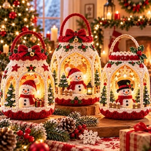 Pode incluir: Três ornamentos de crochê em forma de lanterna com fio branco e vermelho, cada um contendo uma pequena figura de boneco de neve, pinheiros verdes e iluminação interna quente. As lanternas são decoradas com laços vermelhos, bagas de azevinho e estrelas.