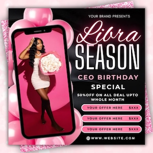 May include: A digital flyer featuring a smartphone displaying a person in a white dress holding a bouquet of white flowers against a pink background. The text reads Libra SEASON CEO BIRTHDAY SPECIAL 50% OFF ON ALL DEAL UPTO WHOLE MONTH.