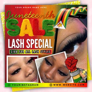 Puede incluir: Gráfico promocional para una oferta especial de pestañas. El diseño presenta el texto "Juneteenth SALE" en verde, amarillo y rojo, con "LASH SPECIAL" debajo. Se incluyen dos fotos de ojos con pestañas largas. El gráfico también incluye identificadores de redes sociales.