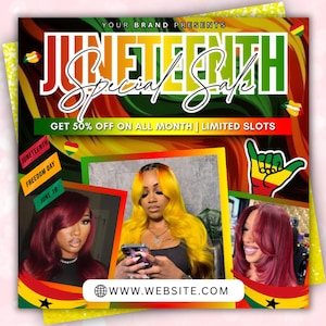 May include: A promotional graphic for Juneteenth featuring the text "Juneteenth Special Sale" in bold lettering. The design incorporates the colors of the Pan-African flag, with images of women with colorful hair. The graphic includes the website address.