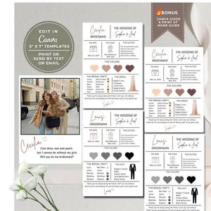 Op de afbeelding: Trouwuitnodigingssjablonen met een foto, namen en evenementdetails. Het ontwerp bevat informatie over bruidsmeisjes en bruidsjonkers, kleurenpaletten en een Canva-gids. De sjablonen zijn 12,7 cm x 17,8 cm en kunnen worden afgedrukt of per sms of e-mail worden verzonden.