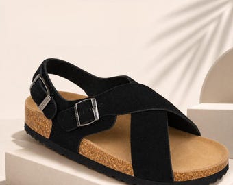 Black criss-cross strap sandals - Cork sole - Comfortable summer sandals - Elegant style - Everyday comfort
