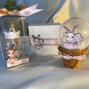 May include: A carousel figurine in a clear box, a white box with a bunny sticker, and a snow globe with a bunny figurine inside, all with pink accents. The text "Welcome Mia" is visible on the boxes.