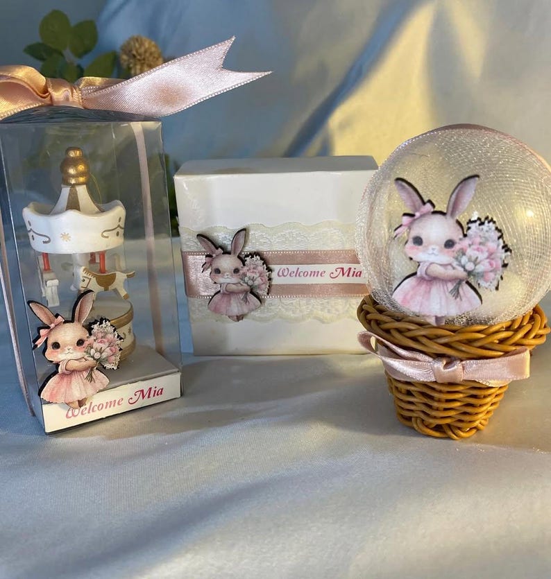 May include: A carousel figurine in a clear box, a white box with a bunny sticker, and a snow globe with a bunny figurine inside, all with pink accents. The text "Welcome Mia" is visible on the boxes.