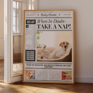 May include: A framed poster with a newspaper-style design. The headline reads "When In Doubt - TAKE A NAP!" A dog is lying on a dog bed. The poster has a wooden frame and is leaning against a white wall.