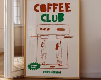 Coffee Club Hand Drawn Retro Kitchen Print, Fun Kitchen Illustration, Trendy Kitchen Decor, Coffee Lover Wall Art, Digital Download