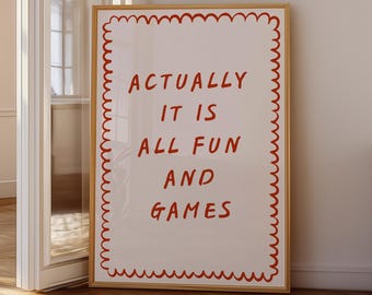 It is All fun and games Print, Retro Wall Art, Trendy Print, Retro Poster, Digital Print, Red Poster, Dorm Decor, Typography, Printable Art