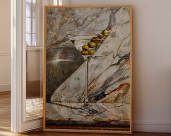Impresión artística de pared de martini de lujo, elegante póster de cóctel con aceitunas, decoración moderna de bar, arte sofisticado para cocina y salón, descarga digital