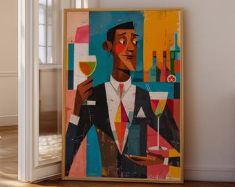 Bartender Wall Art Illustration, Colorful Bar Server Artwork, Modern Restaurant Bar Decor, Artistic Cocktail Poster, Printable Wall Art