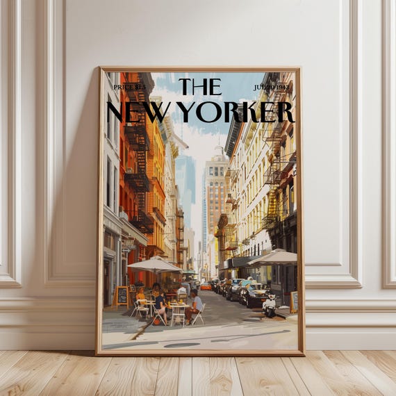 Vintage New York City Cafe Wall Art, Magazine Minimalist Illustration, New Yorker Style Street Scene, NYC Urban Poster, Printable Wall Art