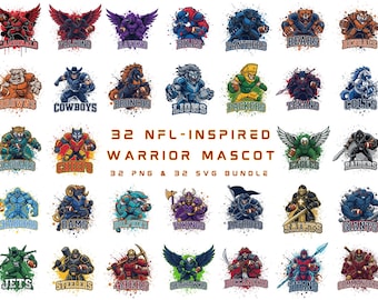 32 NFL-Inspired Football Warrior Bundle PNG SVG | Mascot Sports Clipart | T-Shirt Design Digital Download