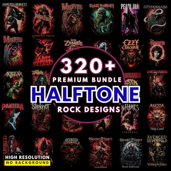 320+ Halftone Rock Band T-Shirt Designs, PNG Bundle (Digital Download A2, A3, A4 Sizes)