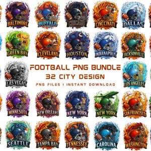 Football PNG bundle with 32 city mascot helmet designs, digital download clipart
