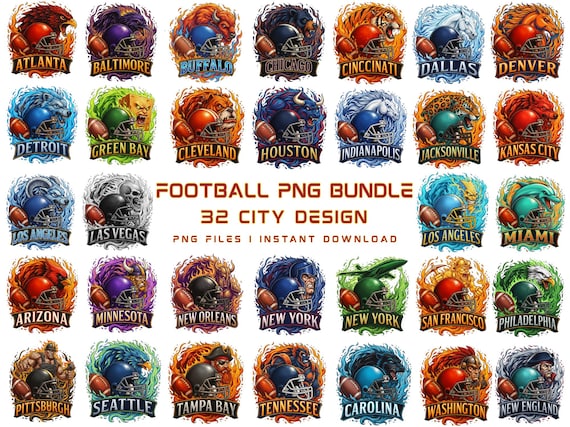 Football PNG Bundle | 32 City Mascot Designs | Sports Clipart | Digital Download | 3600x3600 Transparent Background