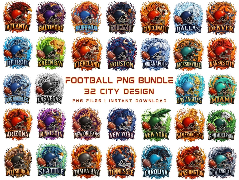 Football PNG bundle with 32 city mascot helmet designs, digital download clipart