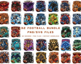 May include: A collection of 32 football team designs, each featuring a team mascot, helmet, and football. The designs are in a vibrant, stylized graphic style with flames and dynamic poses. Text reads "32 FOOTBALL BUNDLE PNG/SVG FILES".