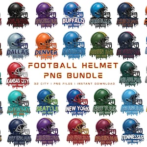 Peut inclure: Ensemble numérique de 32 modèles de casques de football, chacun représentant une ville différente. Les casques sont de différentes couleurs, avec les noms d'équipes et les années de création en dessous. Le texte "FOOTBALL HELMET PNG BUNDLE" est inclus.