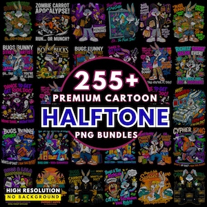 255+ Halftone Cartoon Designs for Black T-Shirts, DTF DTG Bundle