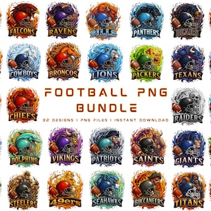 May include: A collection of 32 digital designs featuring NFL team logos, including Cardinals, Falcons, Ravens, and others. Each design showcases a team helmet and football, surrounded by a stylized illustration. The text "FOOTBALL PNG BUNDLE" is also present.