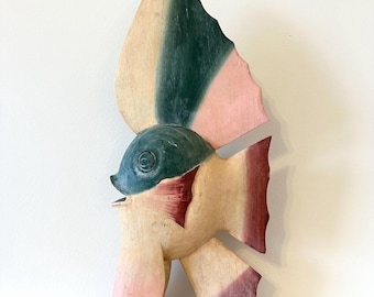 Vintage Hand Painted Wooden Fish Sculpture | Coastal Nautical Wall Decor | Folk Art Beach House Accent | Large 17 Inch Wood Fish