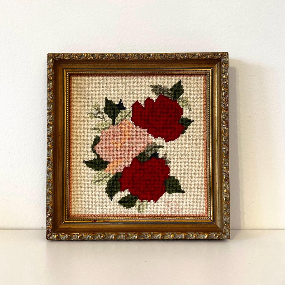 Vintage Framed Needlepoint Floral Art | Ornate Gold Frame | Handmade ...