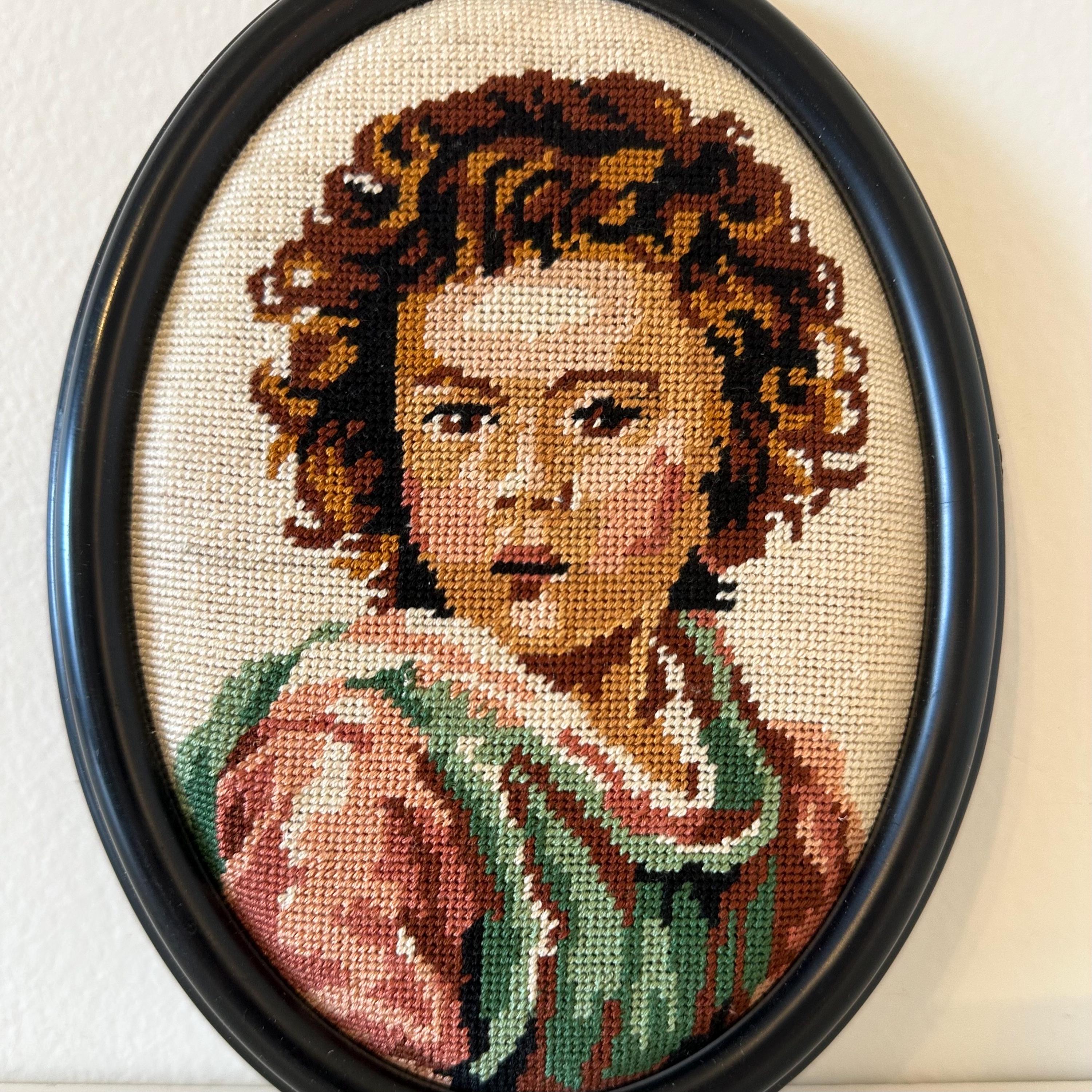 Vintage Framed Needlepoint Portrait | Oval Wall Art | Cottagecore Decor ...