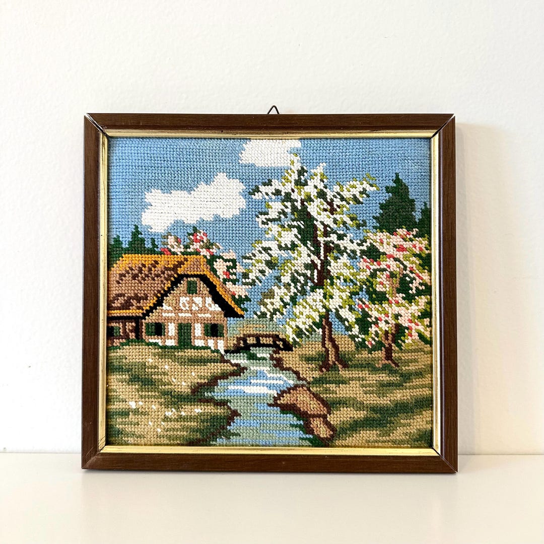 Vintage Framed Needlepoint Cottage Landscape | Spring Floral Cottage ...