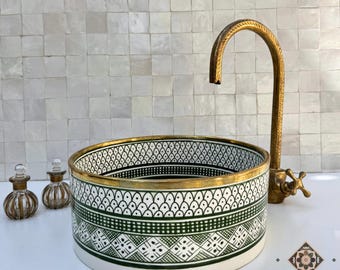 Lavabo marroquí de cerámica hecho a mano con borde de cobre - Lavabo de baño verde