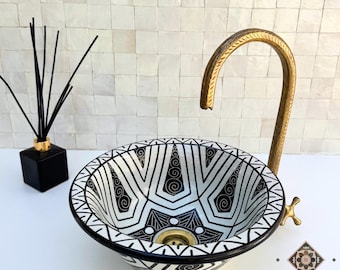 Handmade Black & White Moroccan Ceramic - Artisan Bathroom Vessel Sink