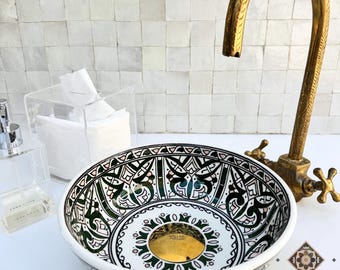 Handmade Green Moroccan Ceramic Sink - Artisan Vessel Sink - Decorative Bathroom Wash Basin - Traditional Design