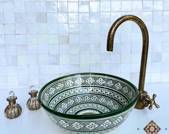 Handmade Green Moroccan Ceramic Sink - Artisan Vessel Sink - Decorative Bathroom Wash Basin - Traditional Design