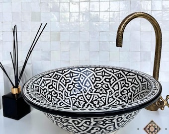 Handmade Moroccan Ceramic Vessel Sink: Black & White Artisan Basin