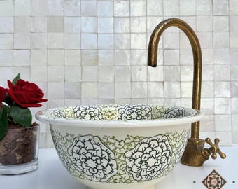 Lavabo marroquí de cerámica hecho a mano - Lavabo con estampado floral verde