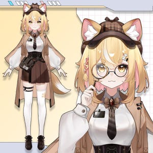 May include: An illustration of a character in a detective-themed outfit. The character has blonde hair, wears a brown hat with ear-like accents, a white shirt, a brown skirt, and a long tan coat. The character is holding a magnifying glass.