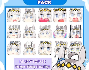 May include: A digital collection of 15 anime-style emotes featuring a character with white hair, animal ears, and a gold headband. The emotes display various expressions and actions, including text like BRUH and Hi, in 28x28px, 56x56px, and 112x112px sizes.