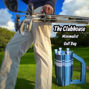May include: A person holding golf clubs with a minimalist golf bag. The bag is blue with white stripes and the text "The Clubhouse Minimalist Golf Bag". The background is a green golf course.