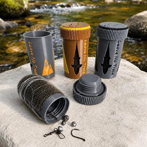 May include: Three cylindrical fishing tackle containers in gray and brown, featuring screw-on lids and the text "Leave No Trace." One container is open, revealing internal foam for line storage, with metal fishing hooks and sinkers resting nearby.
