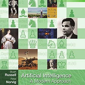 May include: Book cover for "Artificial Intelligence: A Modern Approach, Fourth Edition" by Stuart Russell and Peter Norvig. The cover features a grid of images, including chess pieces, a robot, and a portrait of Alan Turing. The title is in white text.
