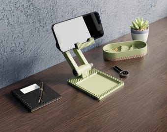 Adjustable Contour Phone Holder — 3D printable STL, foldable desk phone stand, topographic design, instant download, hobby license