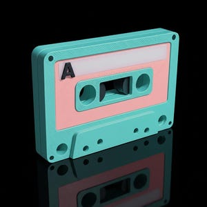Può includere: Una musicassetta turchese e rosa con la lettera "A" sul davanti. La musicassetta ha un centro rosa chiaro e un'area etichetta bianca. Lo sfondo è nero.