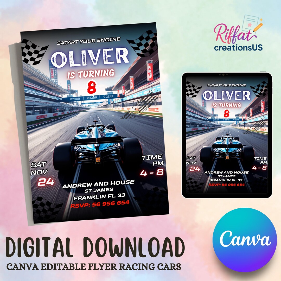 Editable Racing Car Birthday Invitation | Canva Digital Template ...