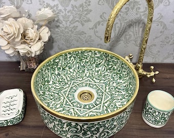 Lavabo marroquí pintado a mano, lavabo de cerámica para baño con borde de latón, lavabo antiguo.